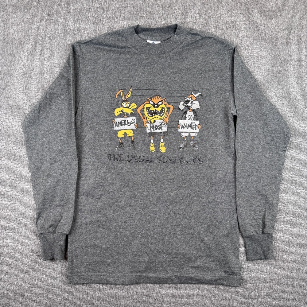 Vintage The Ususal Suspects T-Shirt Mens S Gray Sylvester Taz Coyote Long Sleeve